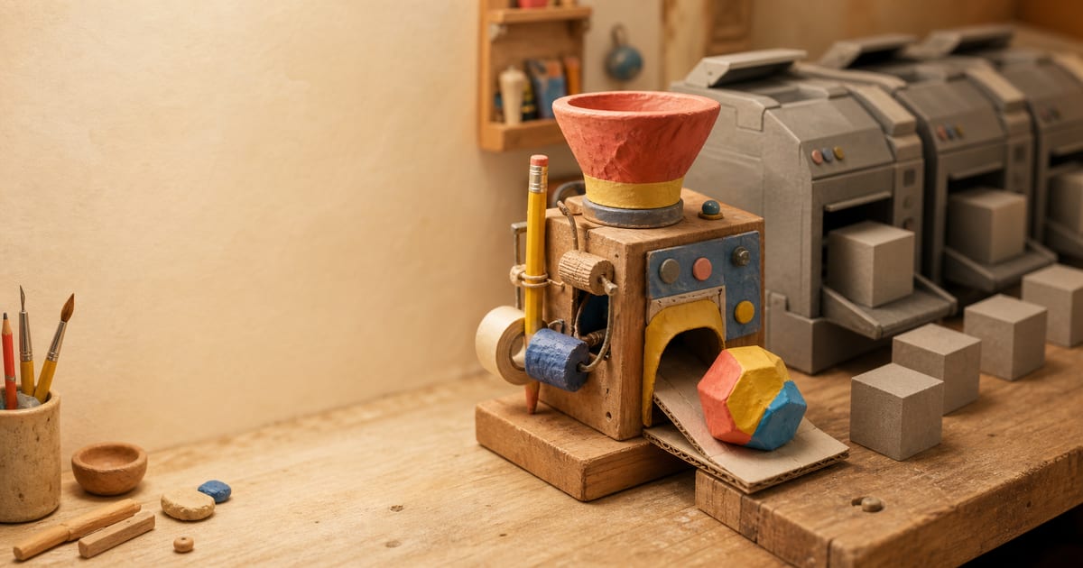 A warm miniature workshop where a strange colourful object stands apart from smoother generic objects around it.