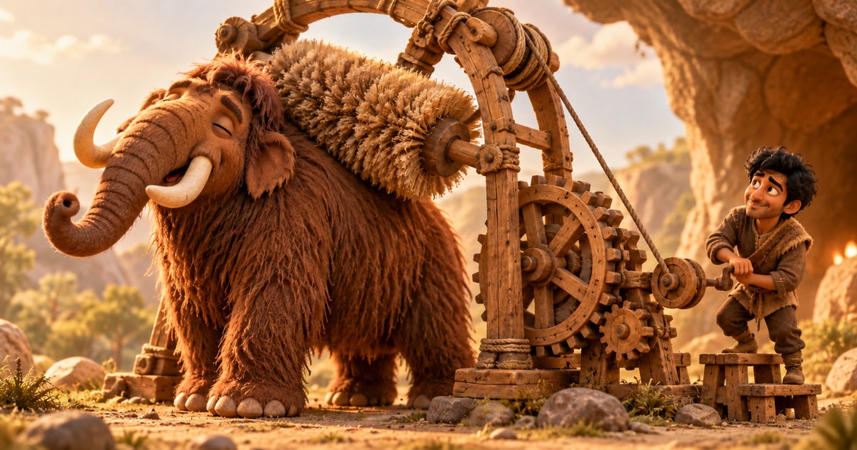 Caveman Karan enjoys turning an elaborate wooden scratching machine while a shaggy mammoth blissfully leans into its enormous brush.