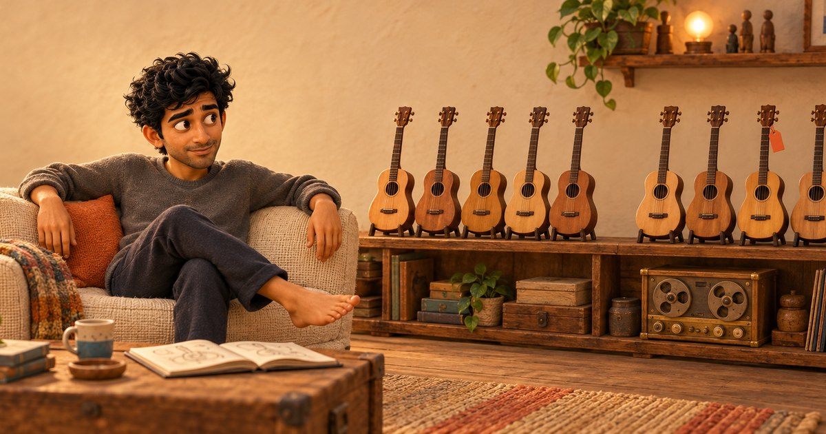 A barefoot man sits on a cream couch looking at a row of near-identical miniature guitars, with one guitar marked by a coral tag.