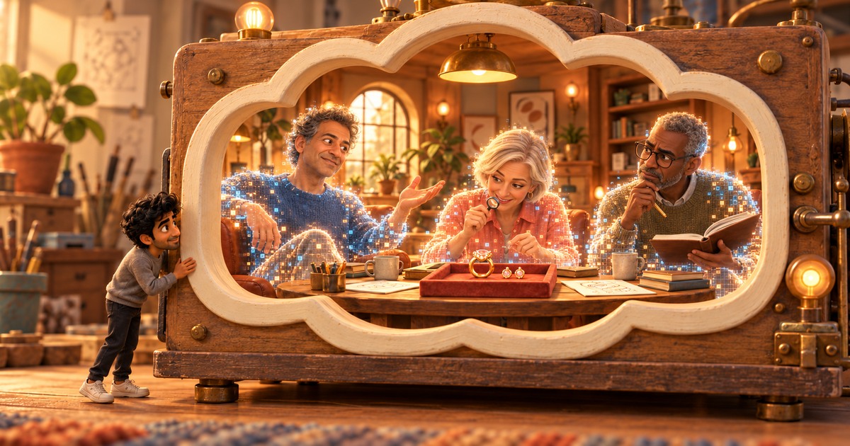 Small animated Karan peers into a wooden machine with a cloud-shaped window, where three larger virtual advisors with pixel-like edges examine jewellery around a table.