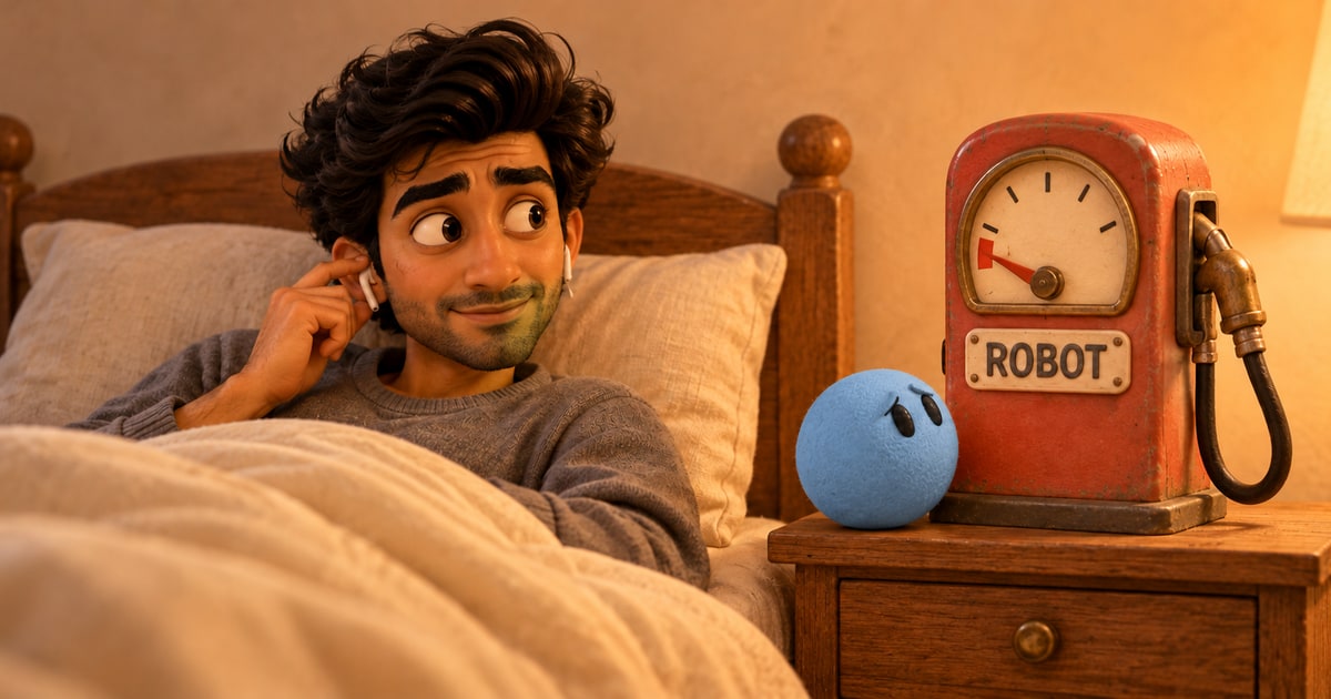 Karan touches an earbud while lying in bed, beside a blue dot looking up at a nearly empty vintage fuel gauge labelled ROBOT.