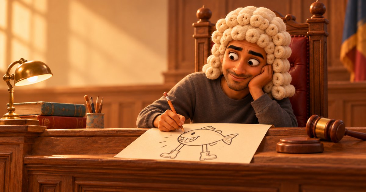 Karan in a judge's wig rests his cheek in one hand while drawing a grinning fish with boots behind a wooden courtroom bench. A gavel lies unused.