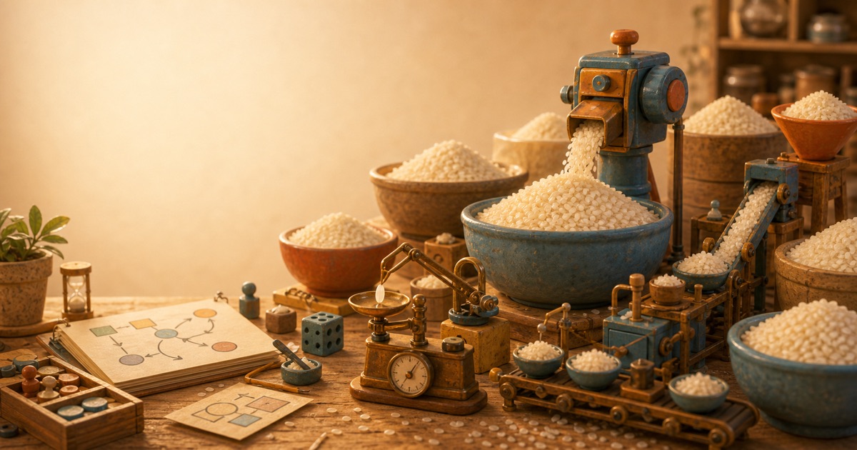 A warm miniature workbench with bowls of grains and small machines suggesting abundant intelligence being fed into useful loops.
