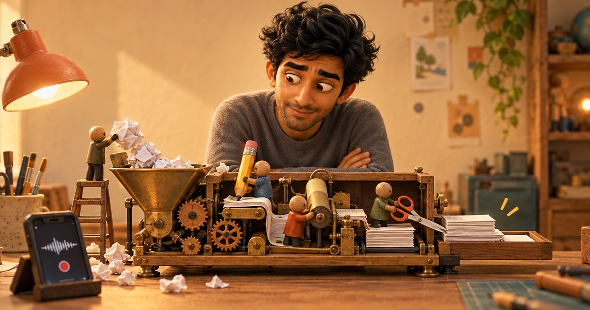 A sheepish man in a grey jumper watches a tiny wooden and brass editorial machine turn messy voice notes into finished pages.