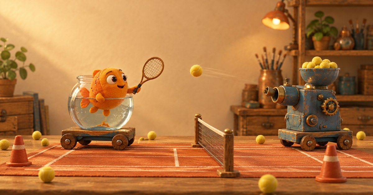 An orange fish in a glass bowl on wheels practises tennis with a blue brass machine across a tiny net on a workshop table.