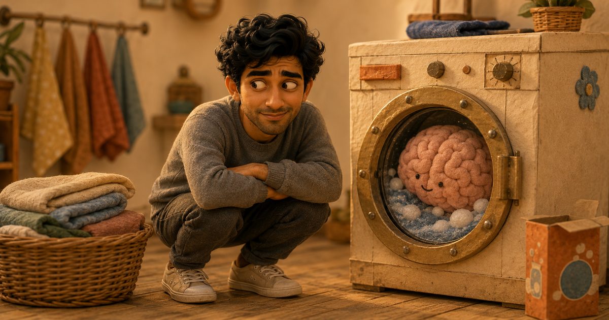 A warm miniature laundromat scene shows a brain inside a washing machine while a sheepish man holds a detergent bottle nearby.