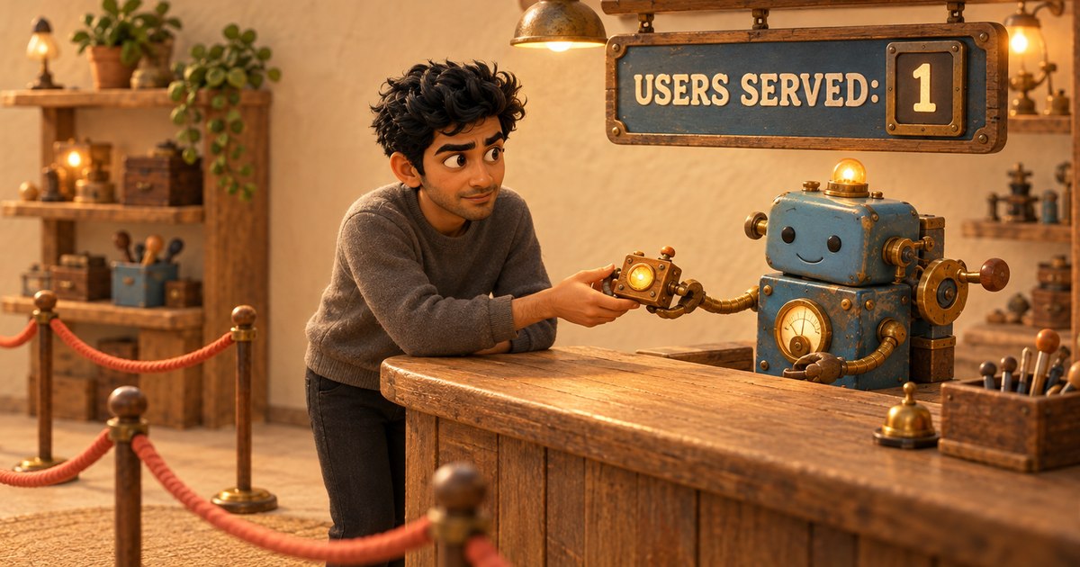 A man is the only customer in a miniature workshop shop, receiving a glowing tool from a blue brass robot beneath a USERS SERVED: 1 sign.