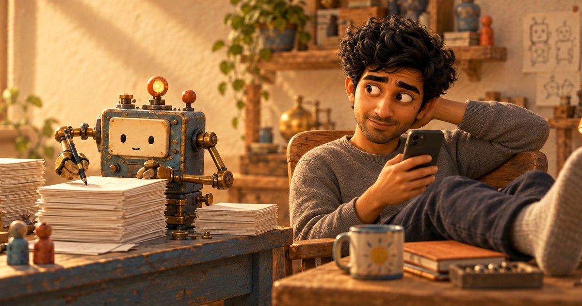 A blue wooden and brass machine produces a stack of pages while a man in a grey jumper reclines beside it, looking at his phone.