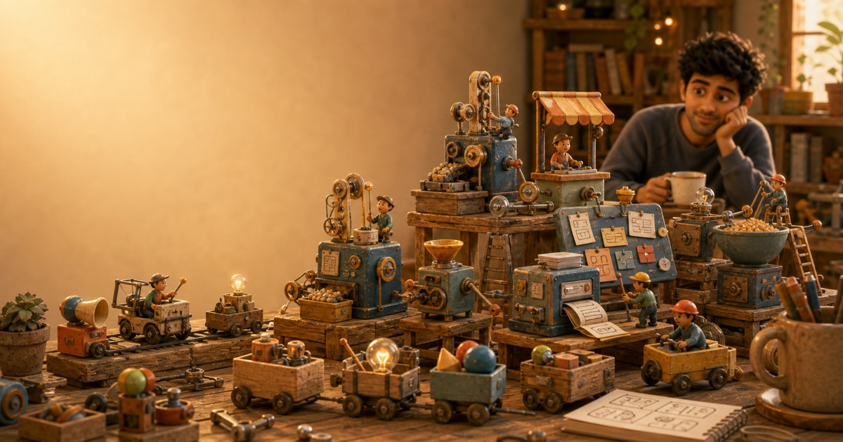 A warm miniature workshop filled with small playful machines and experiments arranged like a low-stakes portfolio.