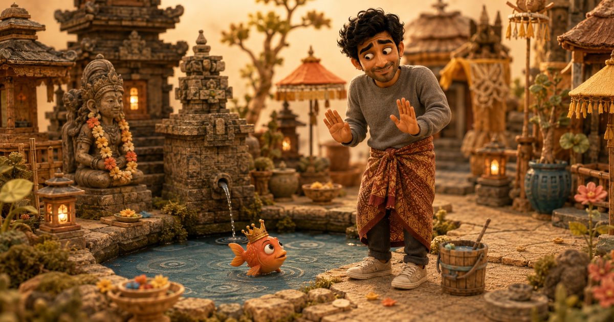 A sheepish man stands dry beside a temple purification pond while checking his phone, as orange fish swim around people in the water.