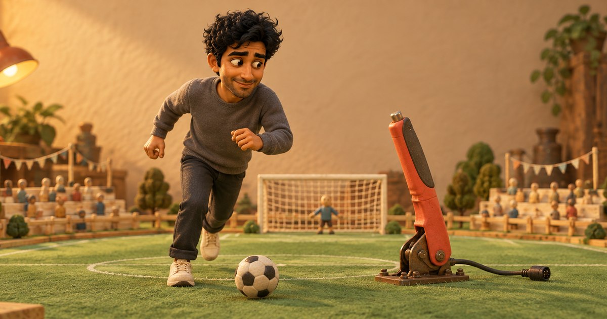 A man in a grey jumper runs with a football on a handmade miniature pitch beside an oversized red handbrake with a disconnected cable.