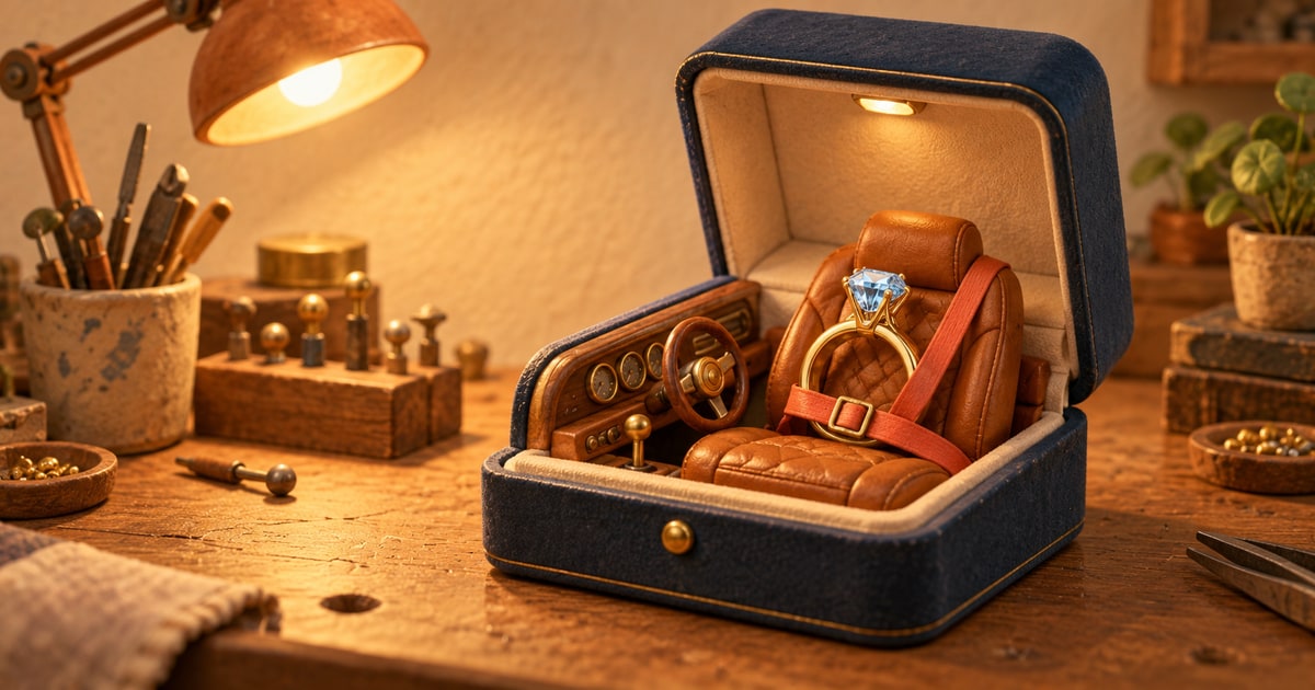 A gold ring strapped into a tiny cognac leather car seat, with a walnut dashboard and steering wheel inside an open jewellery box on a warm workshop desk.