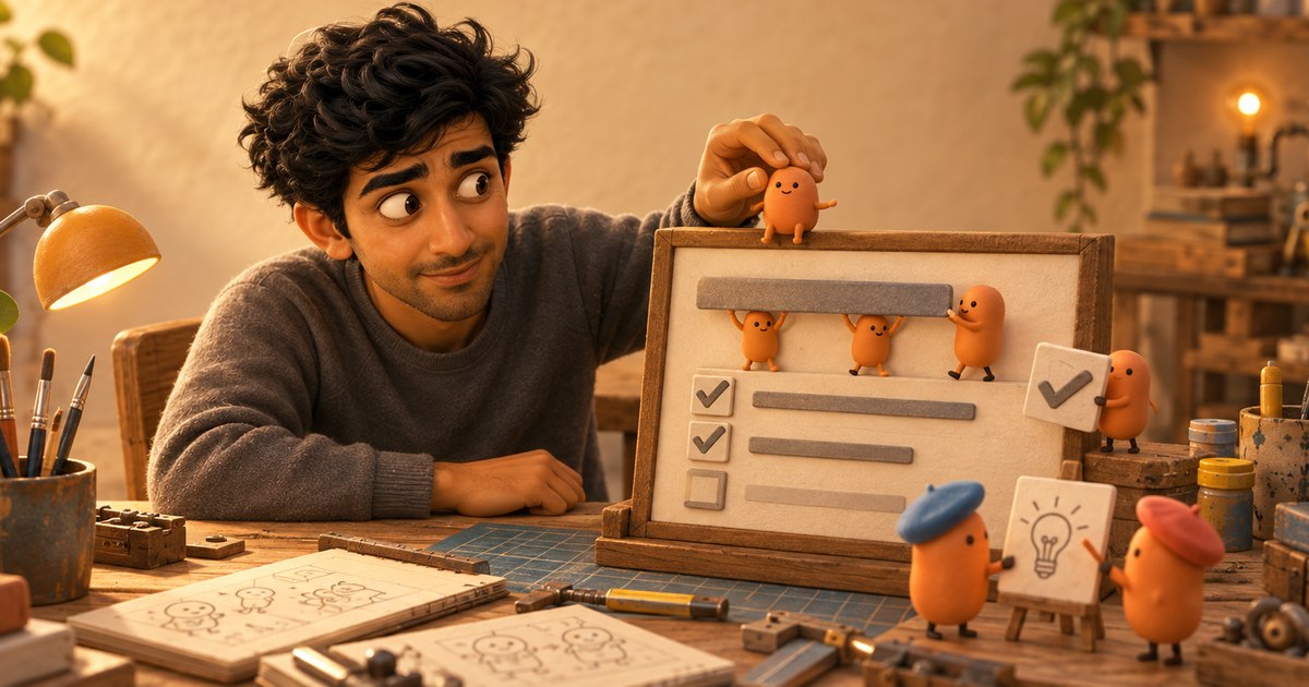 A man places a tiny orange worker onto a wooden status board while other orange workers move a progress bar and two in berets stand at an easel.