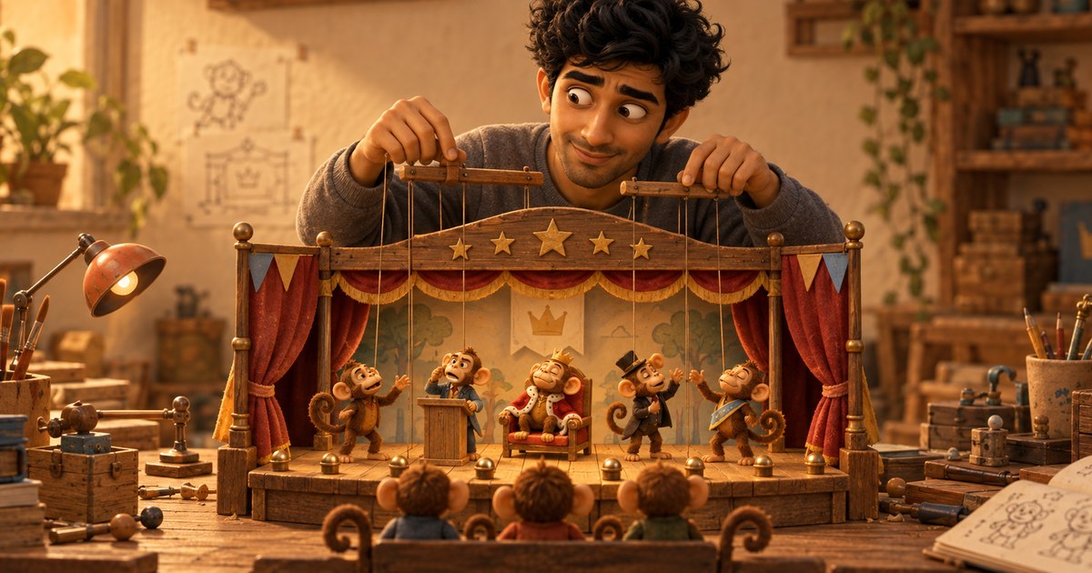 A man holds the strings above a miniature puppet theatre filled with monkey authority figures and a monkey audience.
