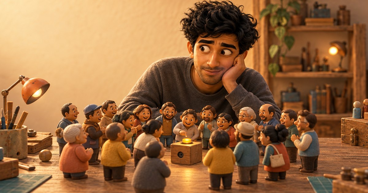 A man watches a crowd of miniature customers gather around a simple glowing wooden box in a warm workshop.