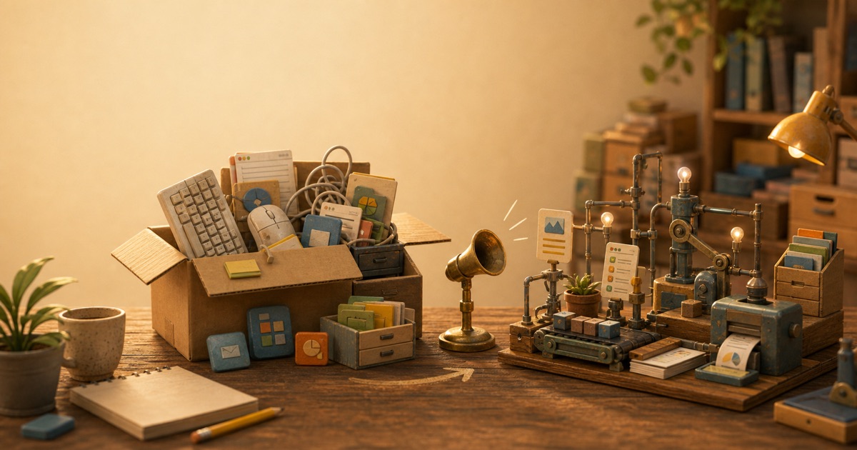 A warm miniature desk scene with old work tools being put aside while a small connected machine waits for clearer instructions.
