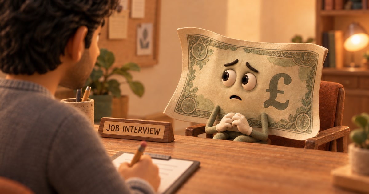 Animated Karan in a grey sweatshirt interviews a nervous paper banknote across a miniature wooden desk marked JOB INTERVIEW.