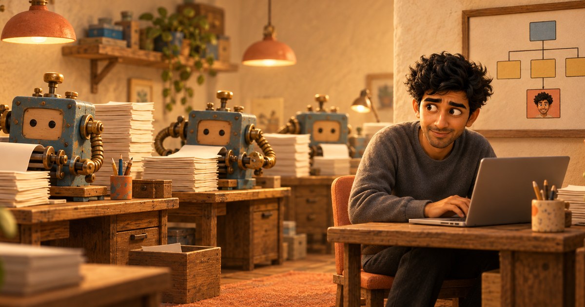 Three blue wooden and brass robots produce piles of paperwork while a man types at a small desk beneath an org chart with his portrait at the bottom.